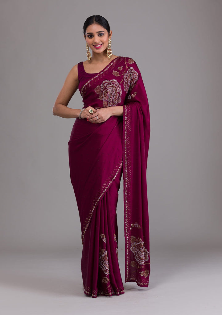 Wine Stonework Satin Saree-Koskii