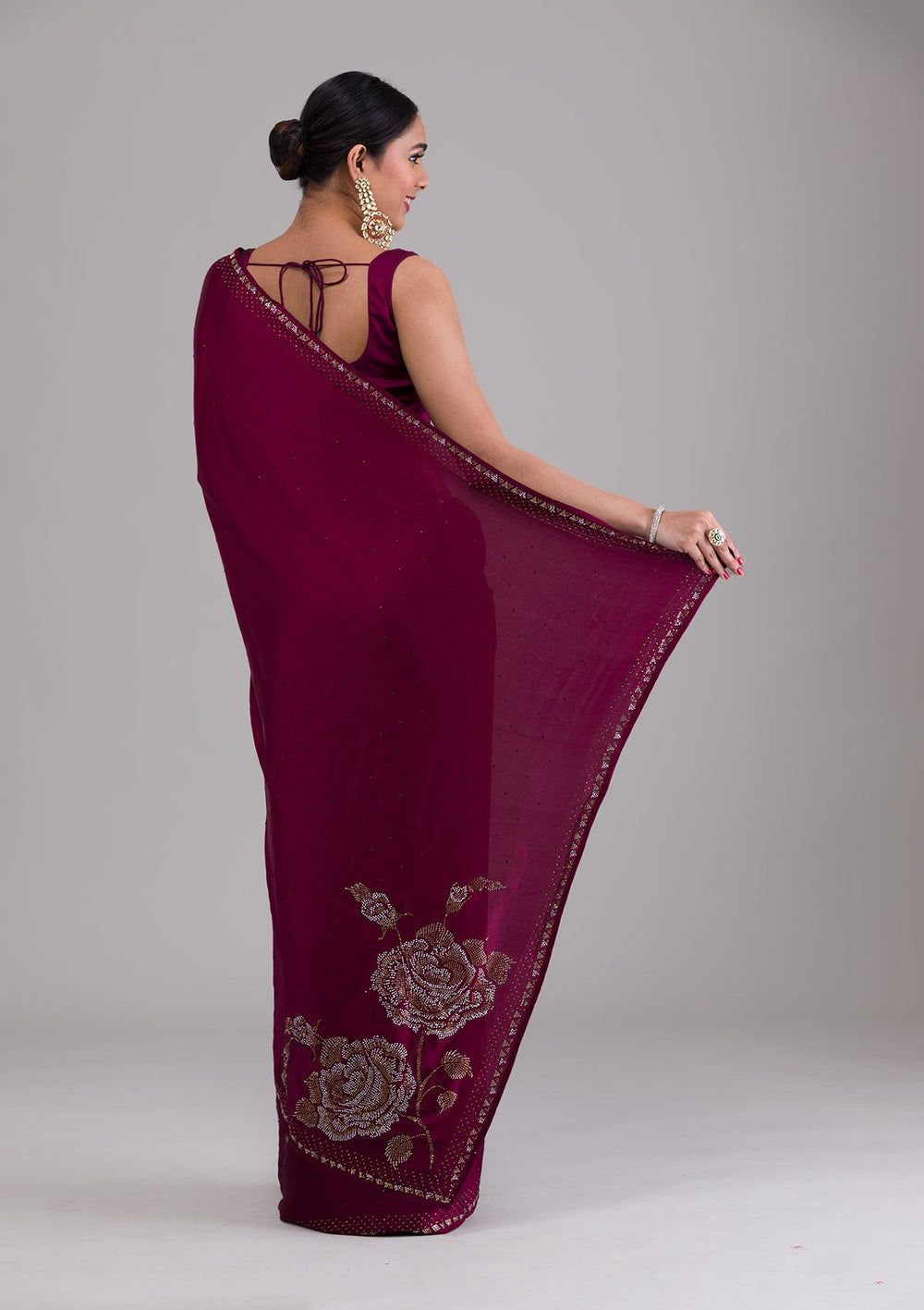 Wine Stonework Satin Saree-Koskii
