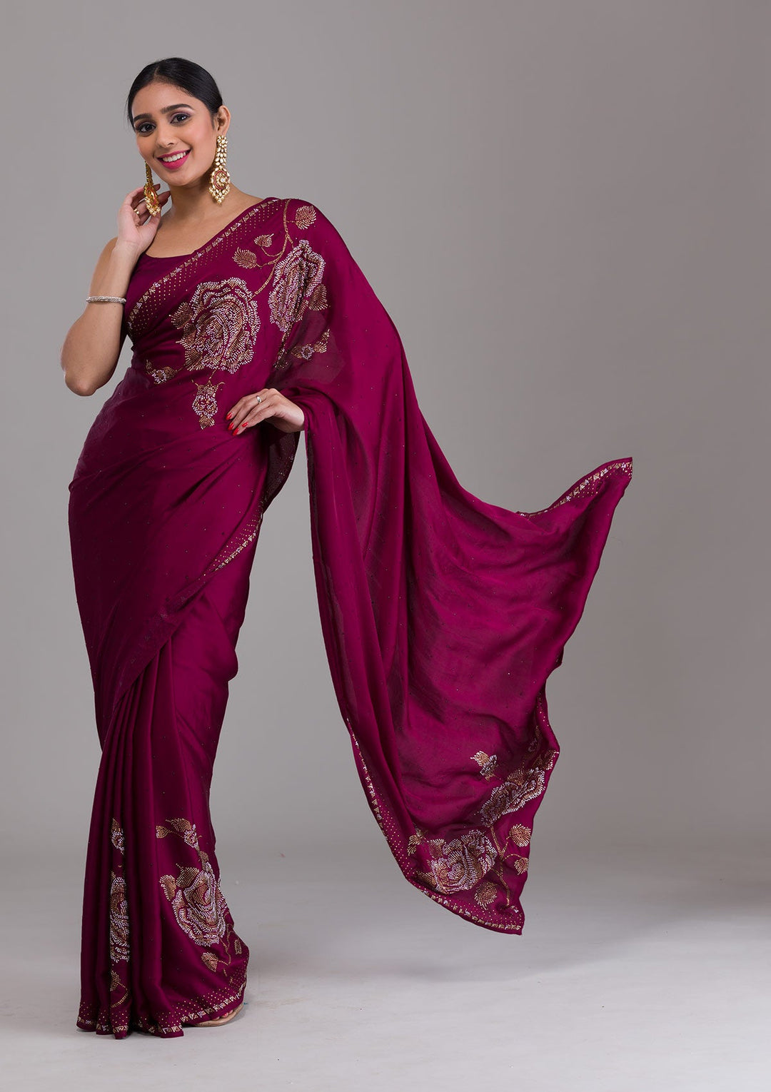 Wine Stonework Satin Saree-Koskii