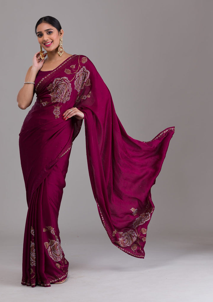 Wine Stonework Satin Saree-Koskii