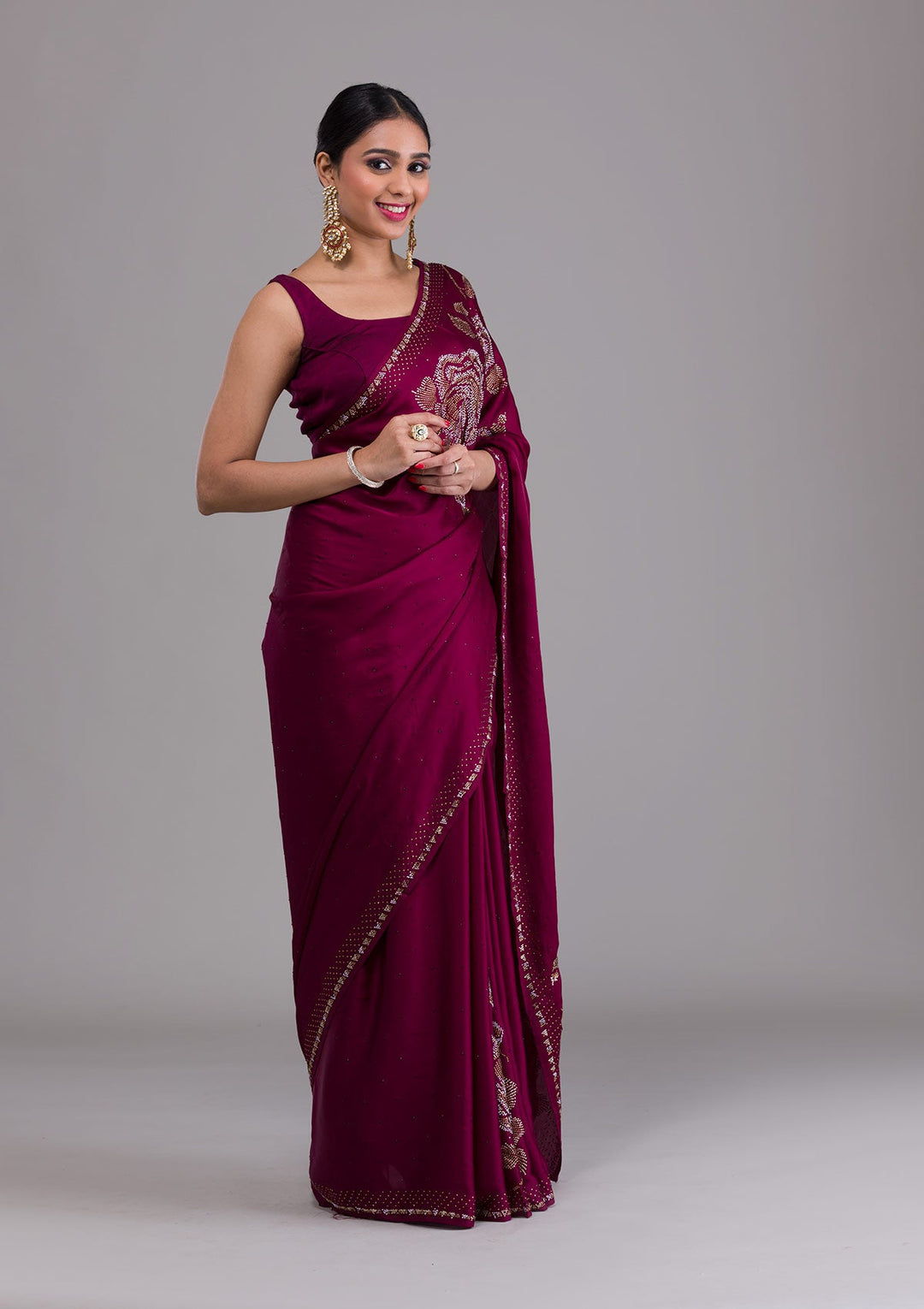 Wine Stonework Satin Saree-Koskii