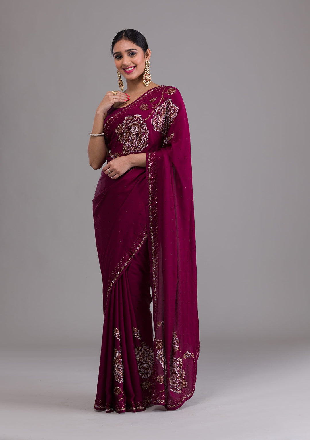 Wine Stonework Satin Saree-Koskii