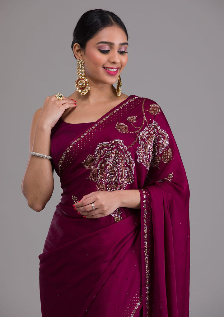 Wine Stonework Satin Saree-Koskii