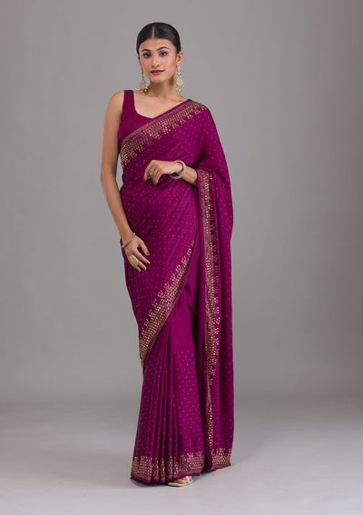 Wine Stonework Semi Crepe Unstitched Saree-Koskii