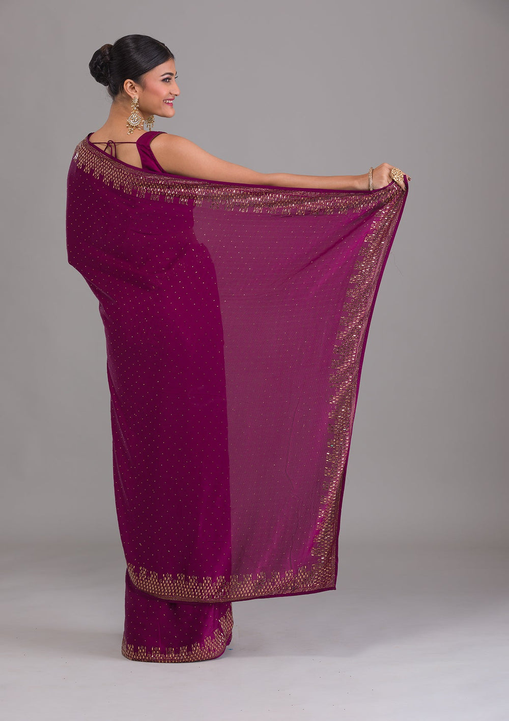 Wine Stonework Semi Crepe Unstitched Saree-Koskii