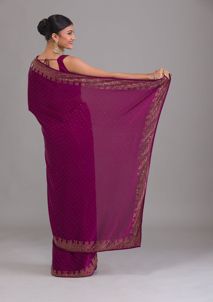 Wine Stonework Semi Crepe Unstitched Saree-Koskii