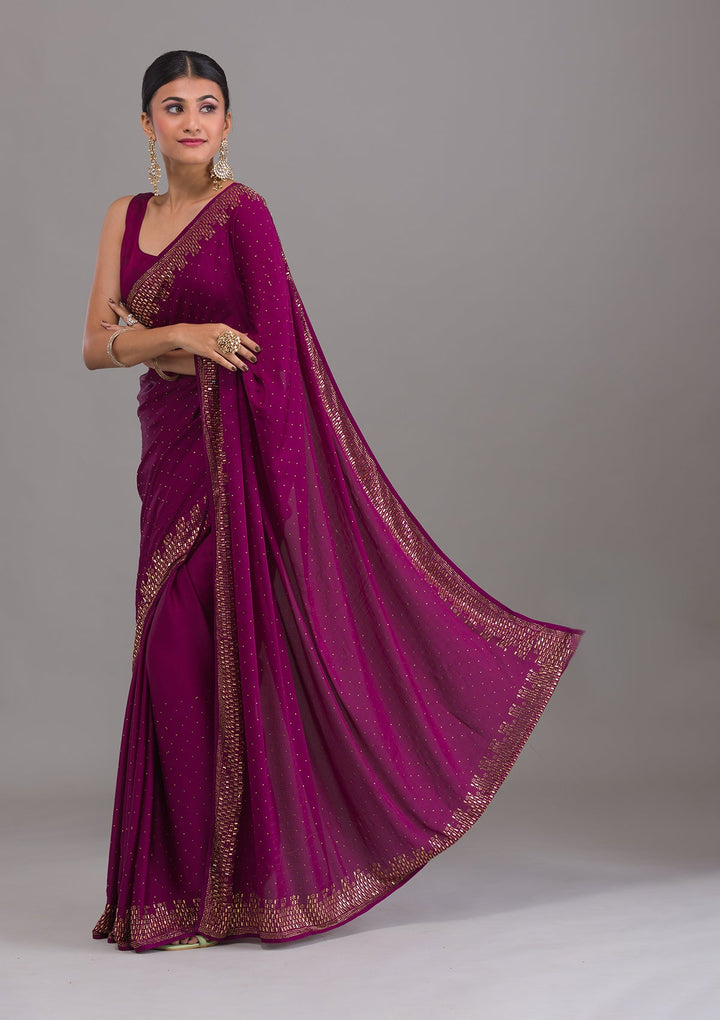 Wine Stonework Semi Crepe Unstitched Saree-Koskii