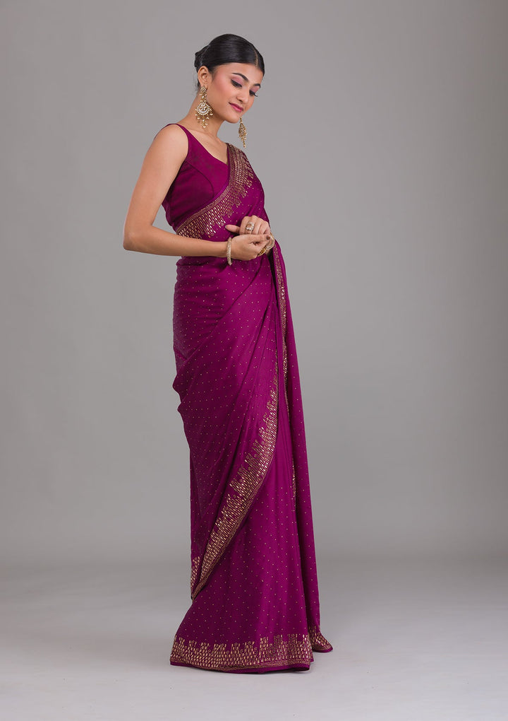 Wine Stonework Semi Crepe Unstitched Saree-Koskii