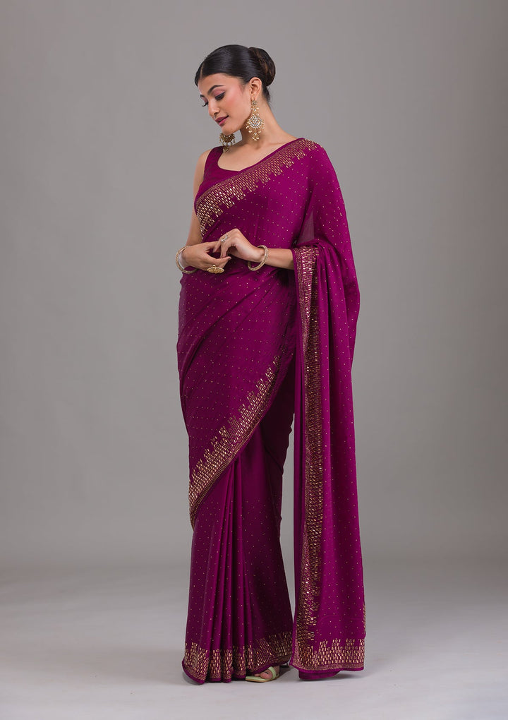 Wine Stonework Semi Crepe Unstitched Saree-Koskii