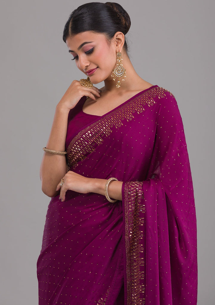 Wine Stonework Semi Crepe Unstitched Saree-Koskii