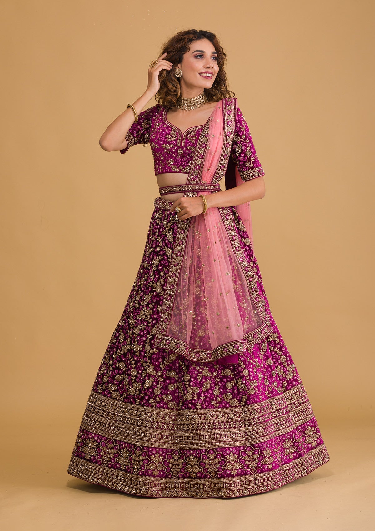 Wine Stonework Velvet Designer Lehenga-Koskii