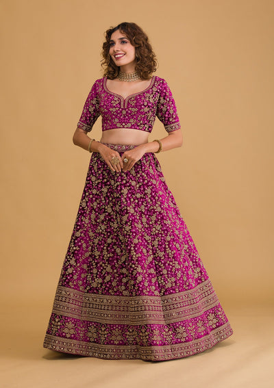 Wine Stonework Velvet Readymade Lehenga-Koskii