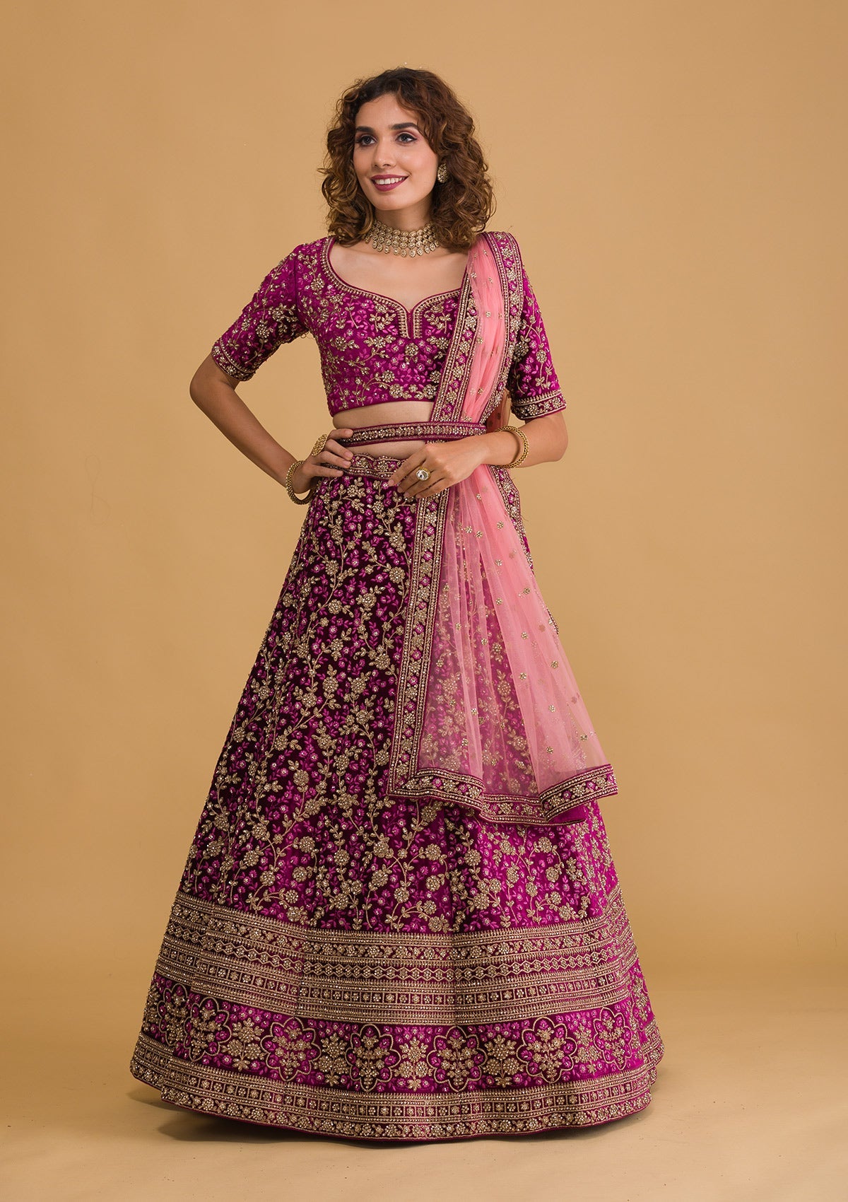 Wine Stonework Velvet Readymade Lehenga-Koskii