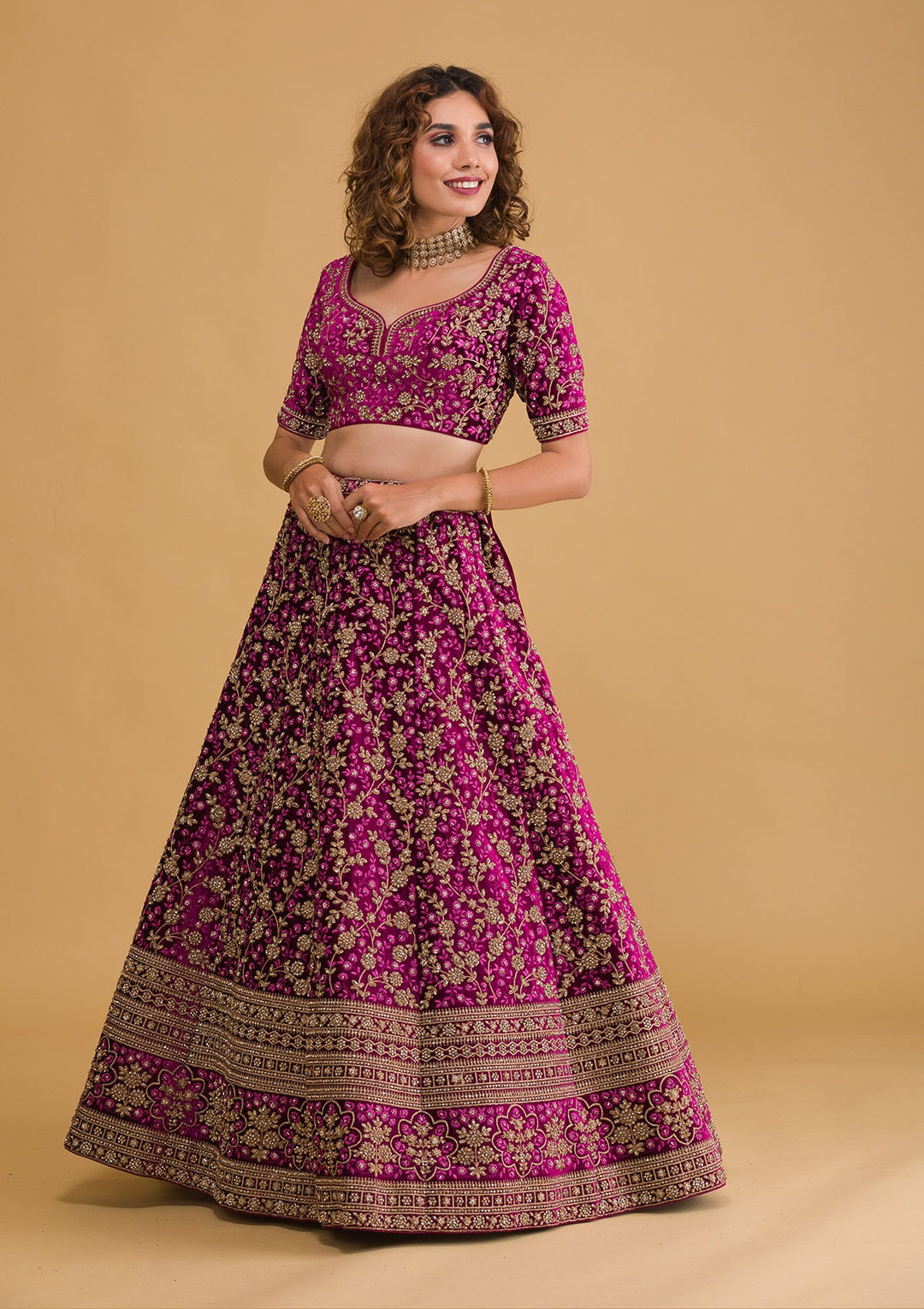 Wine Stonework Velvet Readymade Lehenga-Koskii