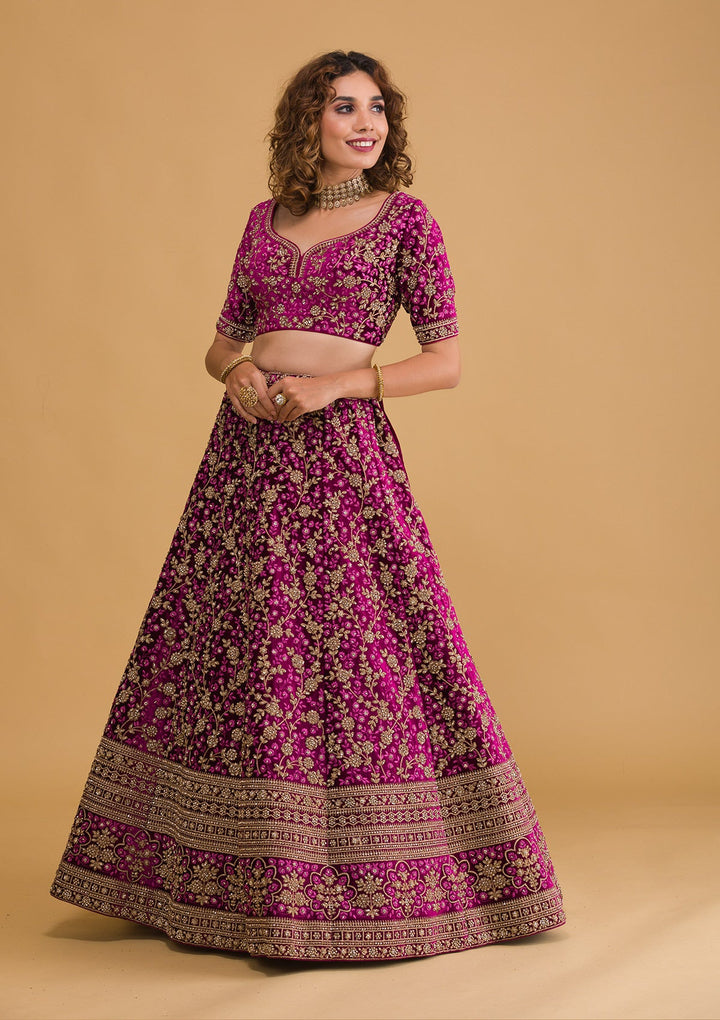 Wine Stonework Velvet Readymade Lehenga-Koskii