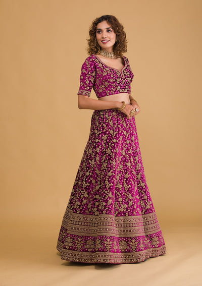 Wine Stonework Velvet Readymade Lehenga-Koskii