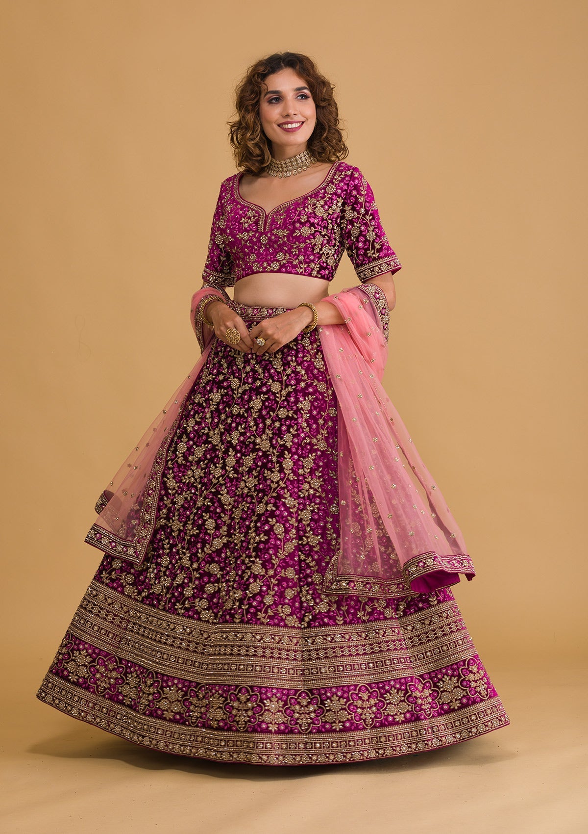 Wine Stonework Velvet Readymade Lehenga-Koskii