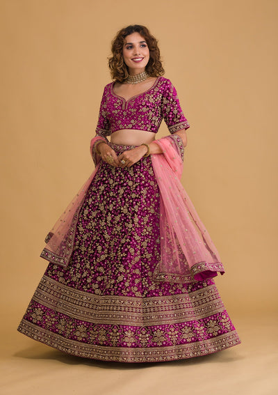 Wine Stonework Velvet Readymade Lehenga-Koskii