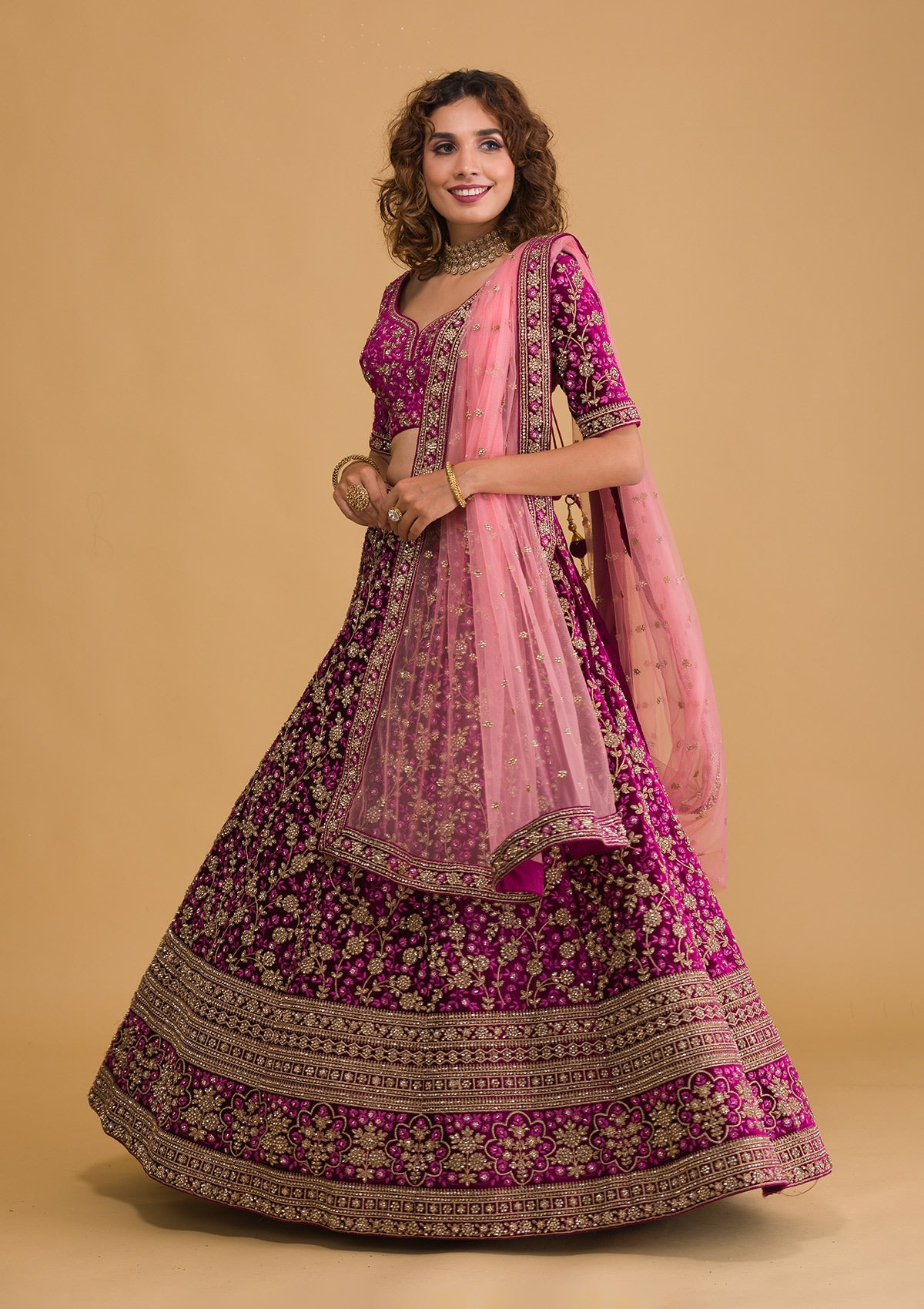 Wine Stonework Velvet Readymade Lehenga-Koskii