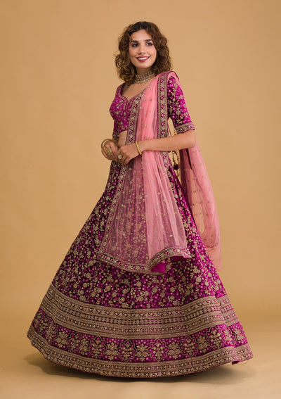 Wine Stonework Velvet Readymade Lehenga-Koskii