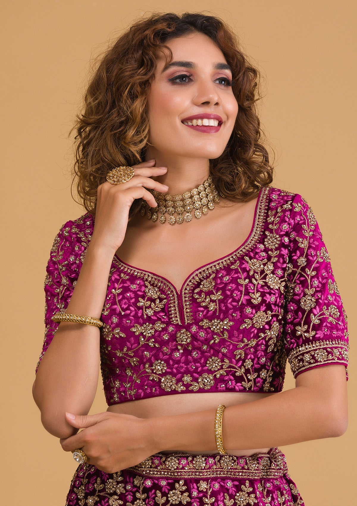Wine Stonework Velvet Readymade Lehenga-Koskii