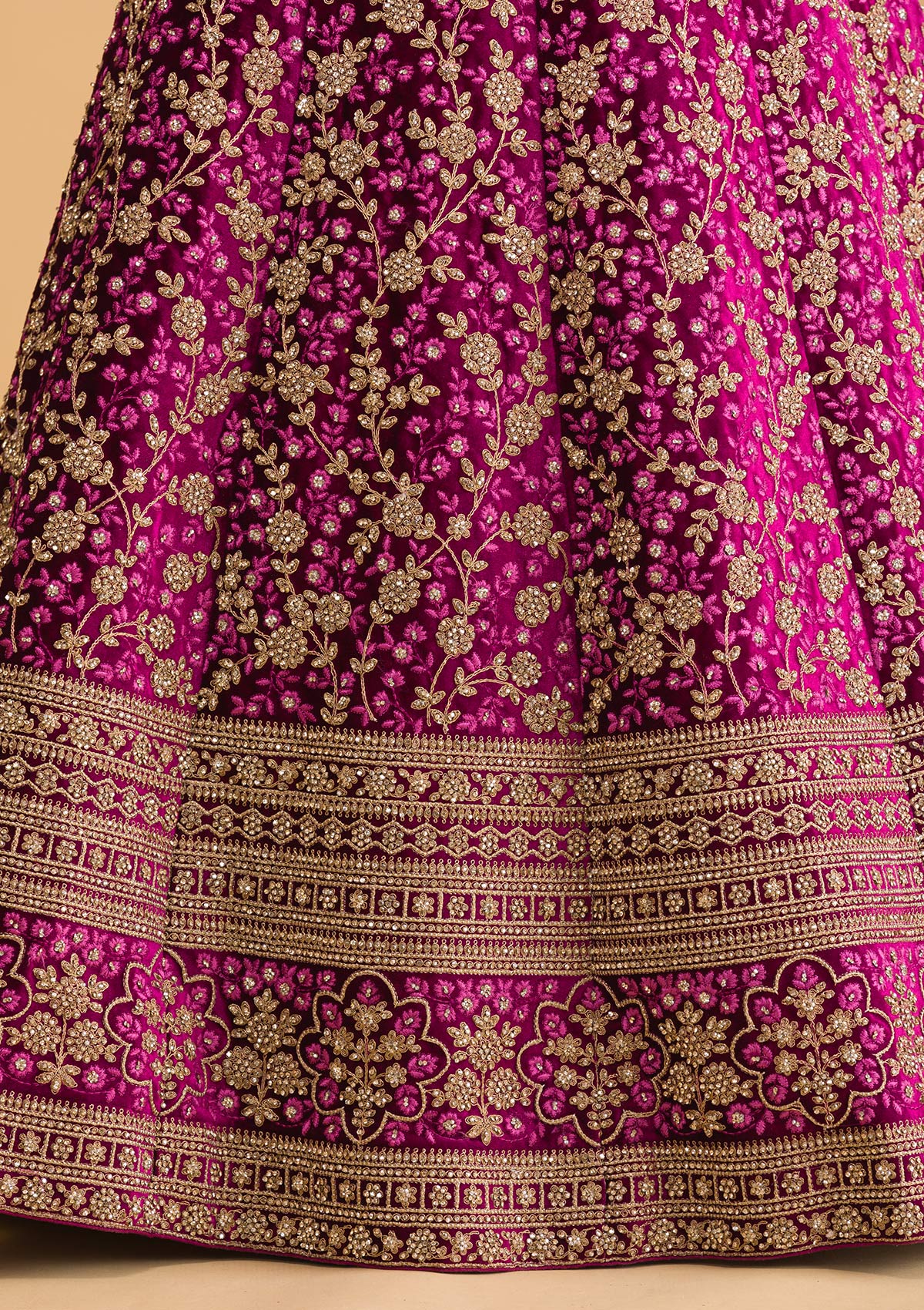 Wine Stonework Velvet Readymade Lehenga-Koskii