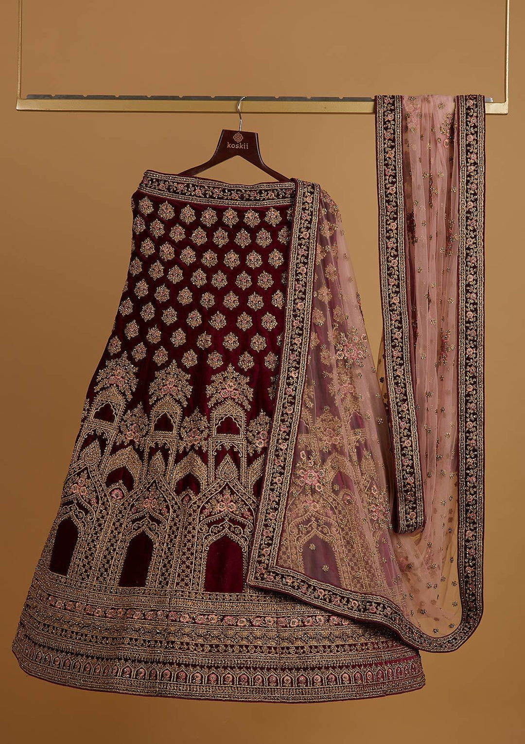 Wine Stonework Velvet Designer Semi-Stitched Lehenga - koskii