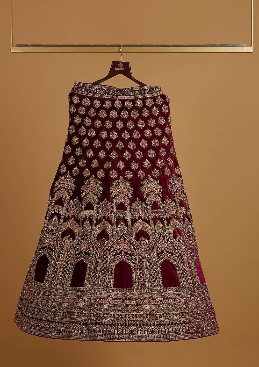 Wine Stonework Velvet Designer Semi-Stitched Lehenga - koskii