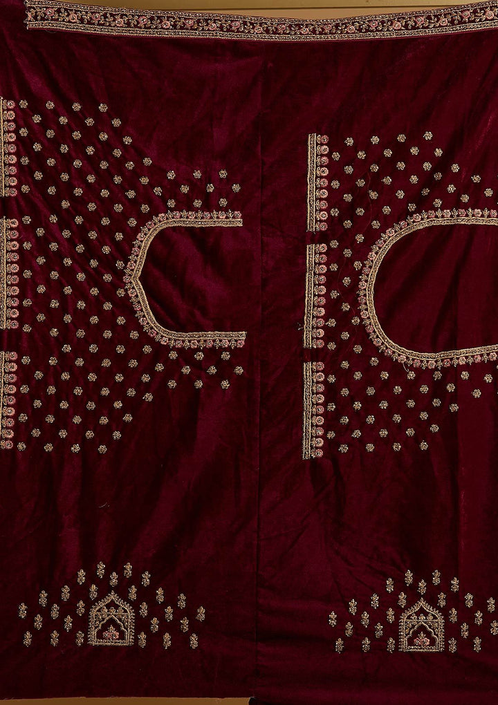 Wine Stonework Velvet Designer Semi-Stitched Lehenga - koskii