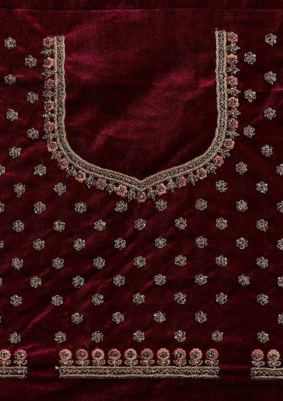 Wine Stonework Velvet Designer Semi-Stitched Lehenga - koskii