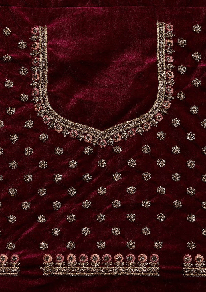 Wine Stonework Velvet Designer Semi-Stitched Lehenga - koskii