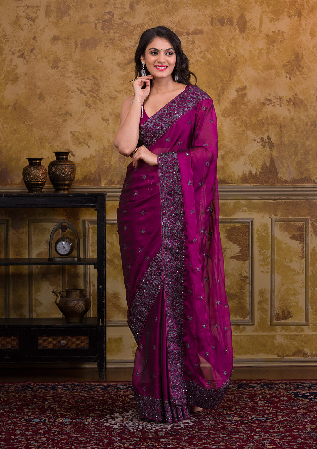 Wine Swarovski Satin Designer Saree-Koskii