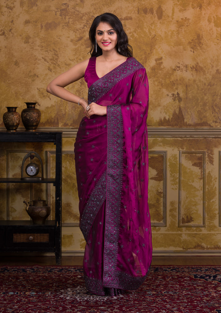 Wine Swarovski Satin Designer Saree-Koskii