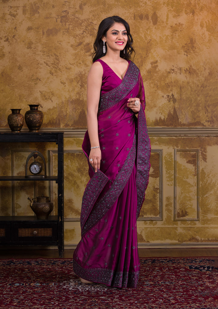 Wine Swarovski Satin Designer Saree-Koskii