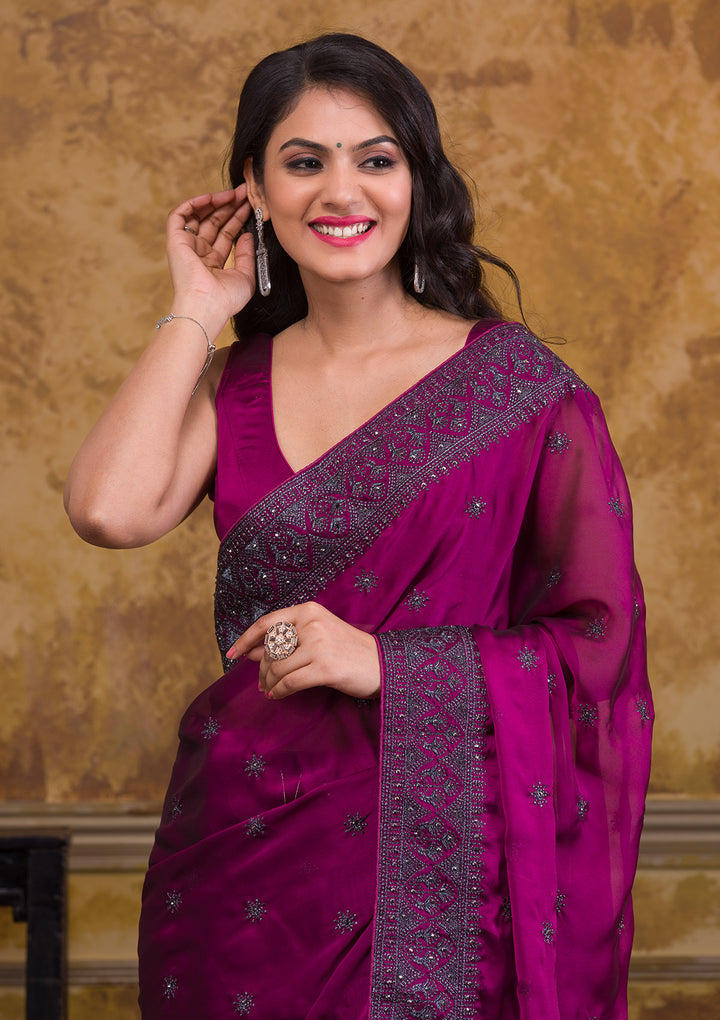 Wine Swarovski Satin Designer Saree-Koskii