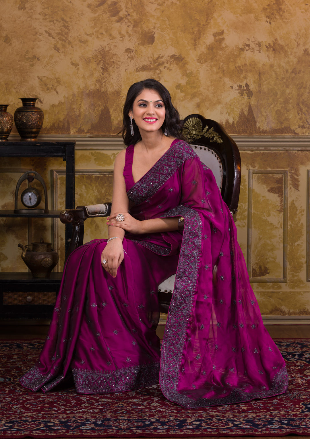 Wine Swarovski Satin Designer Saree-Koskii