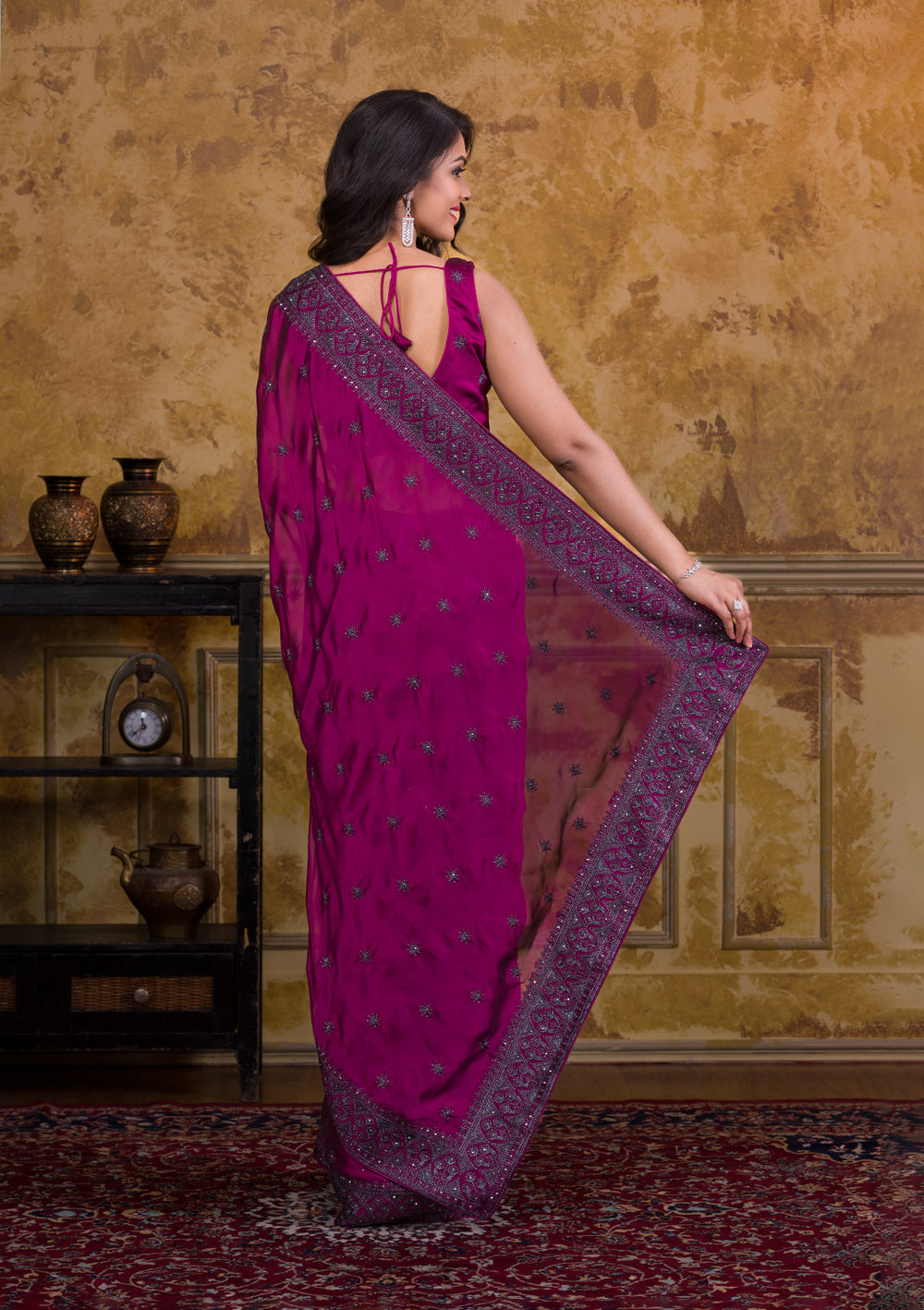 Wine Swarovski Satin Designer Saree-Koskii