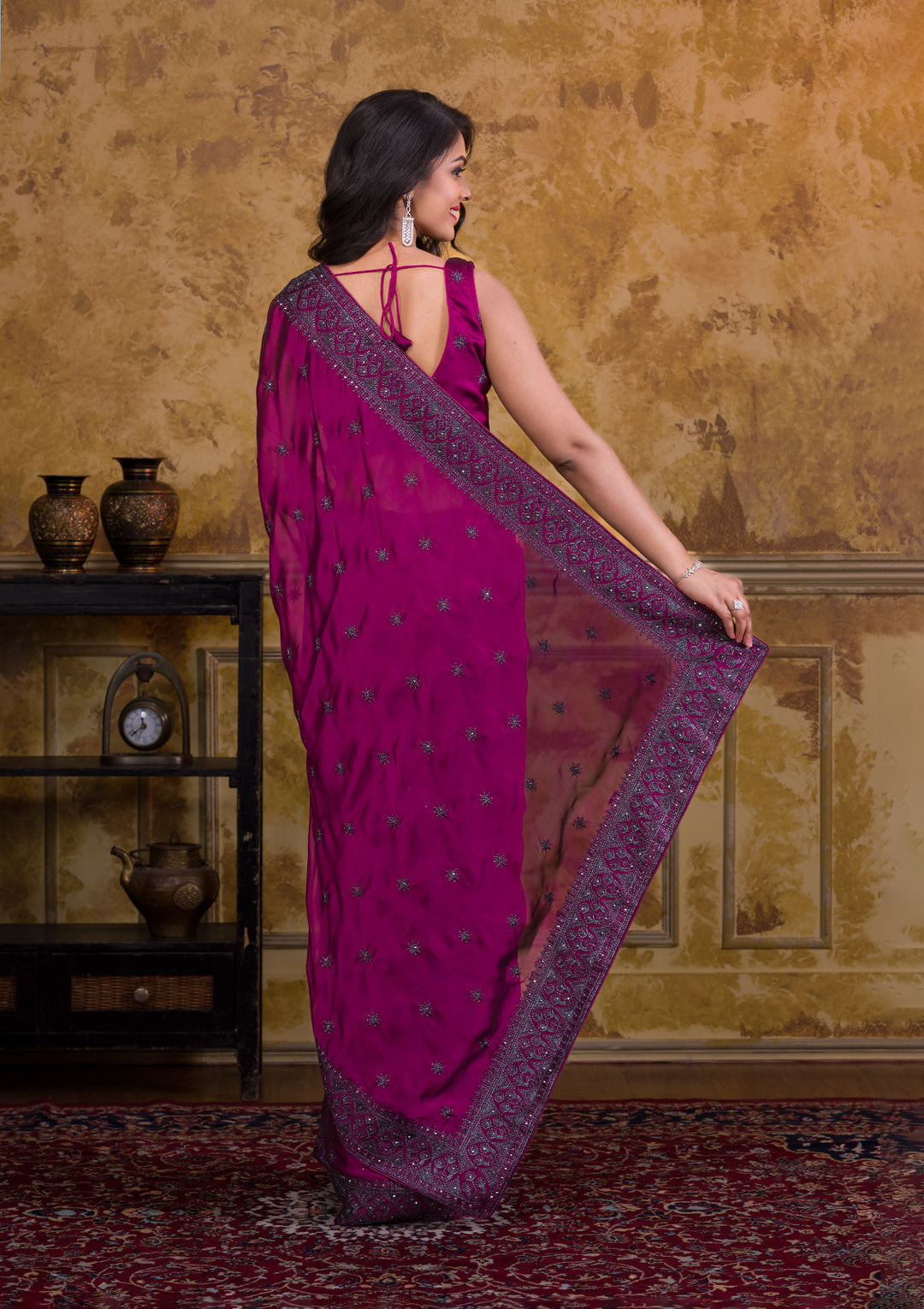 Wine Swarovski Satin Designer Saree-Koskii