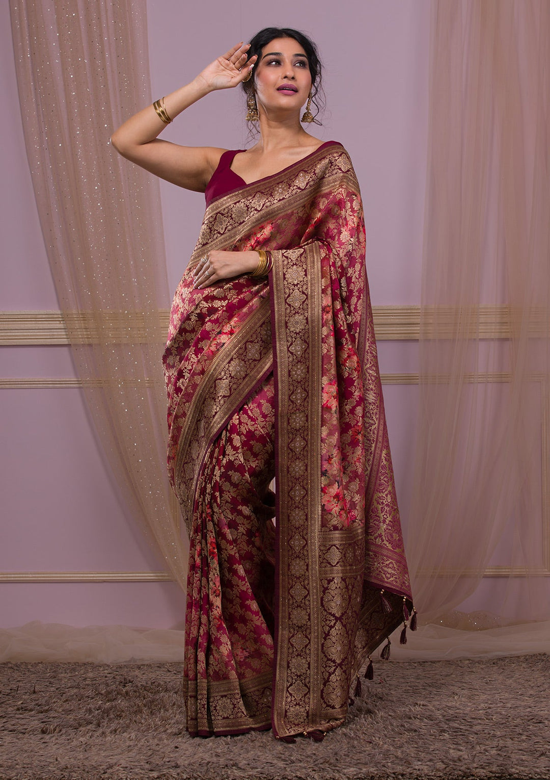 Wine Swarovski Banarasi Silk Saree-Koskii