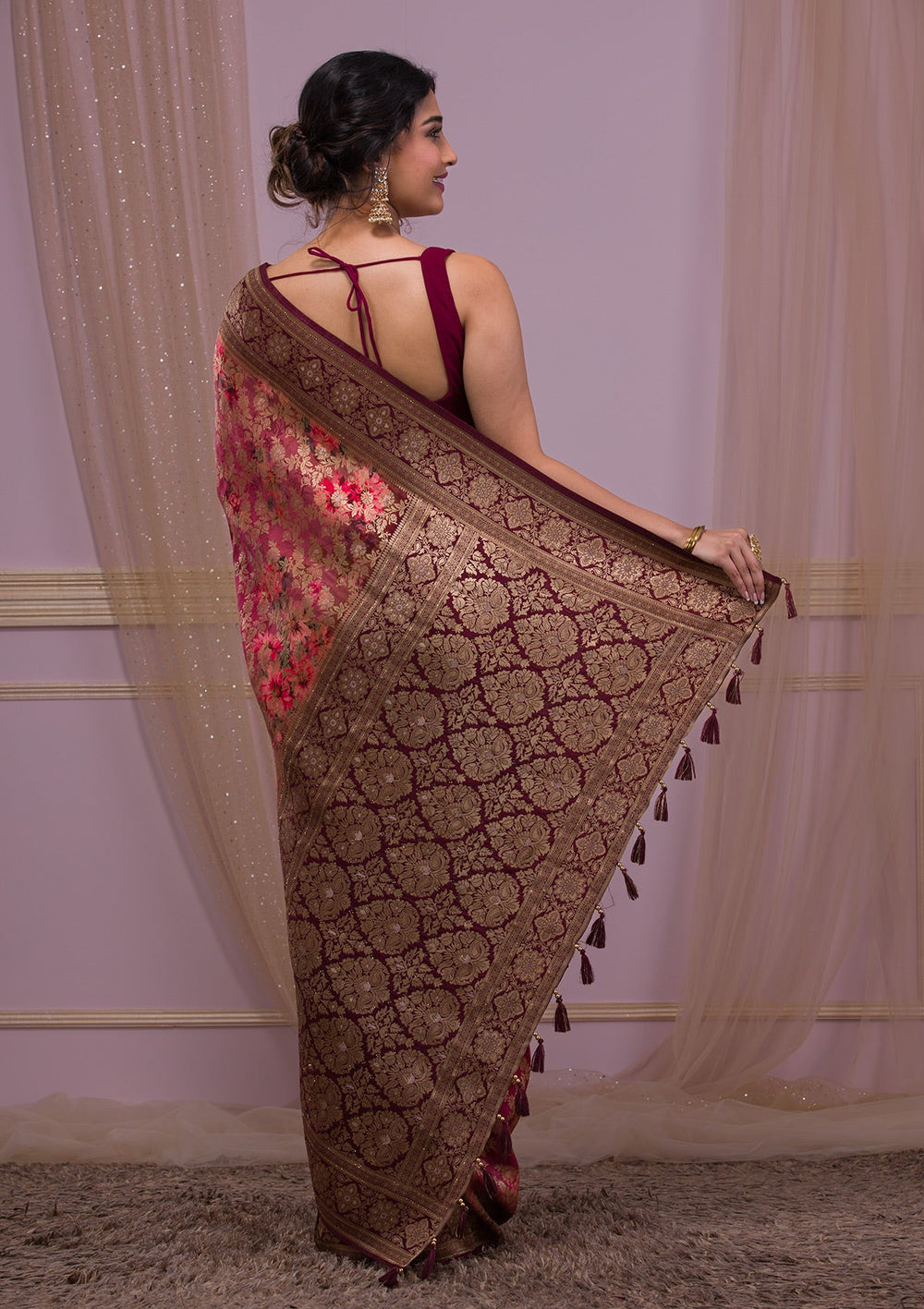 Maroon Zari Work Soft Silk Saree-Koskii