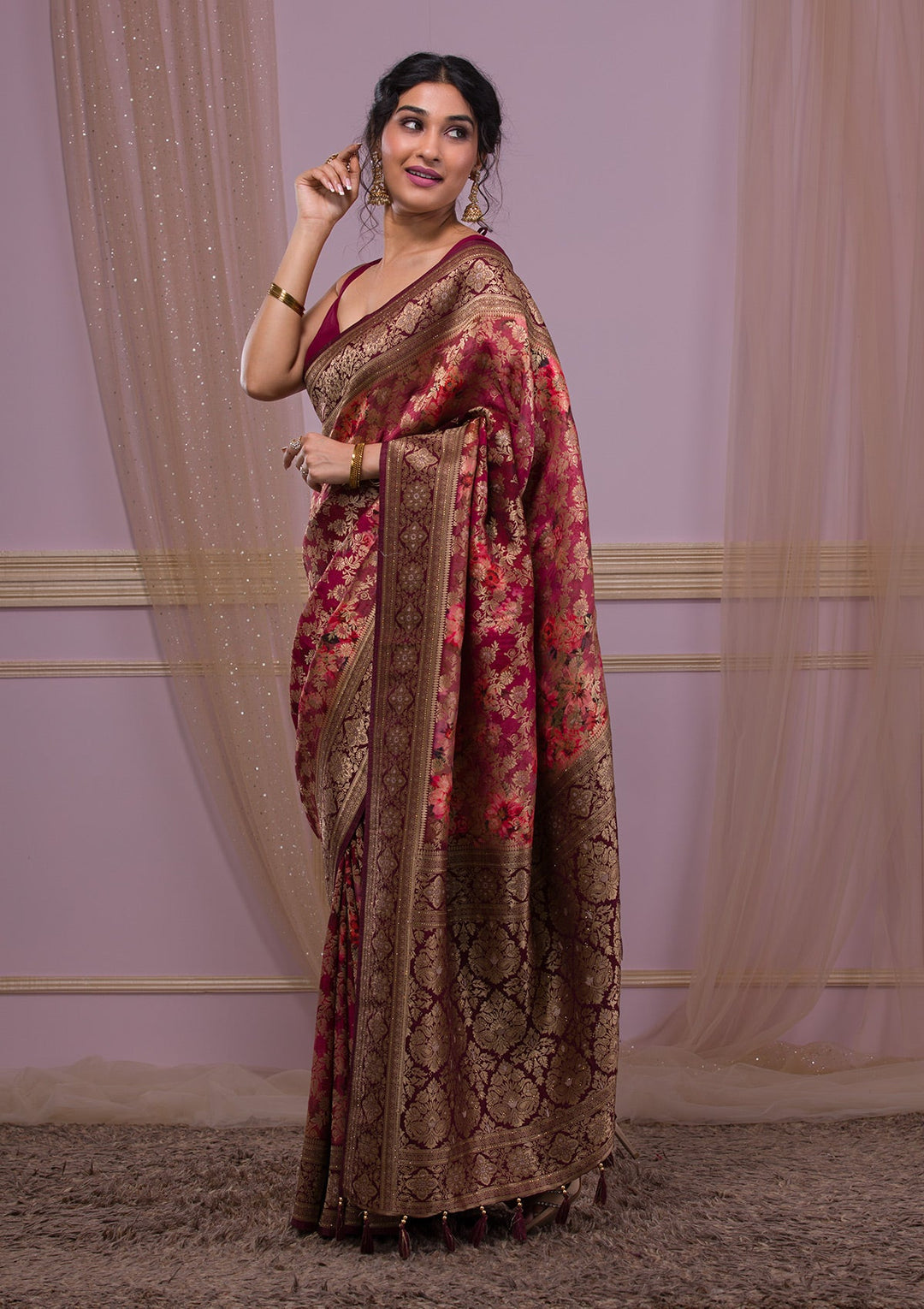 Maroon Zari Work Soft Silk Saree-Koskii