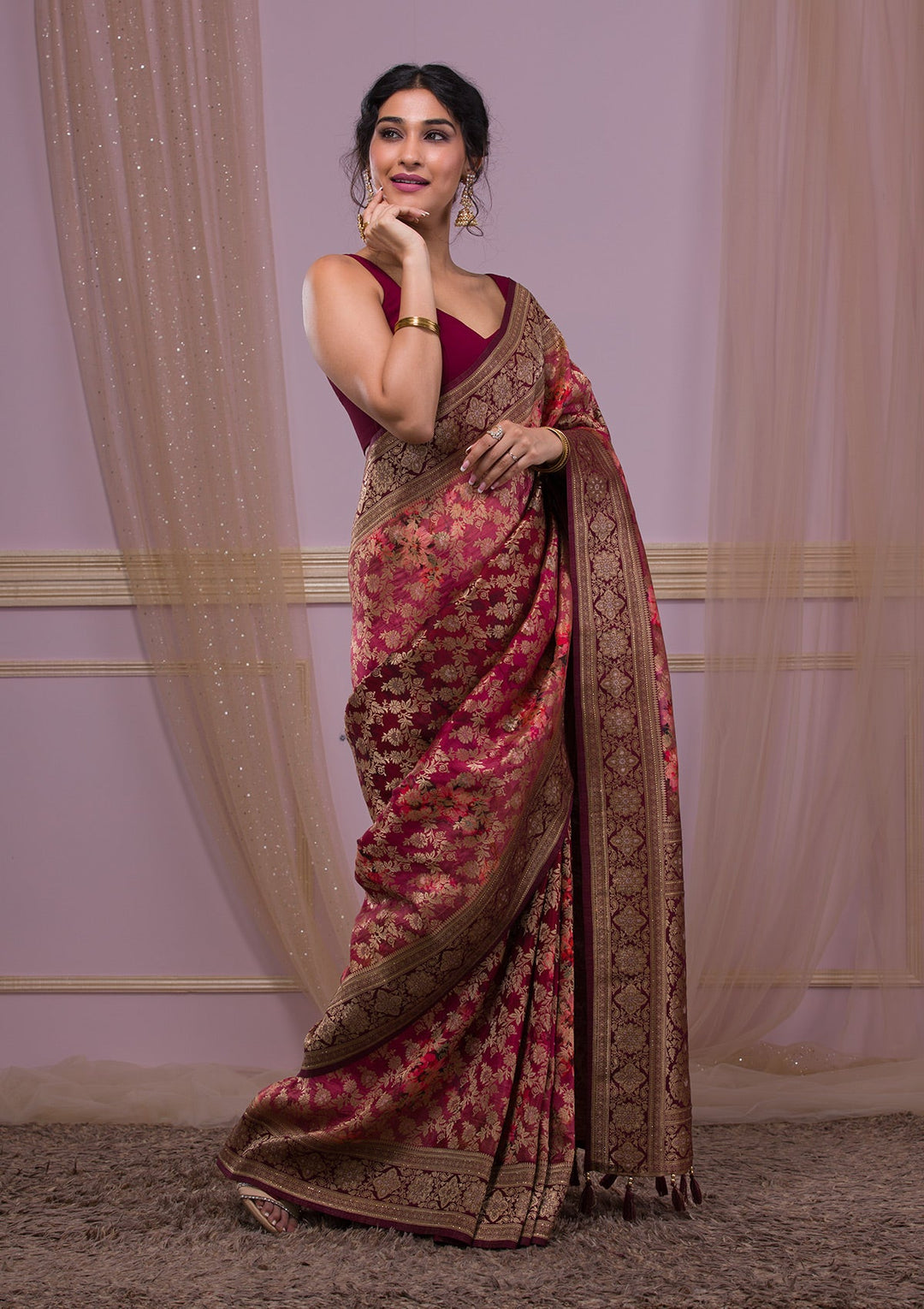 Maroon Zari Work Soft Silk Saree-Koskii