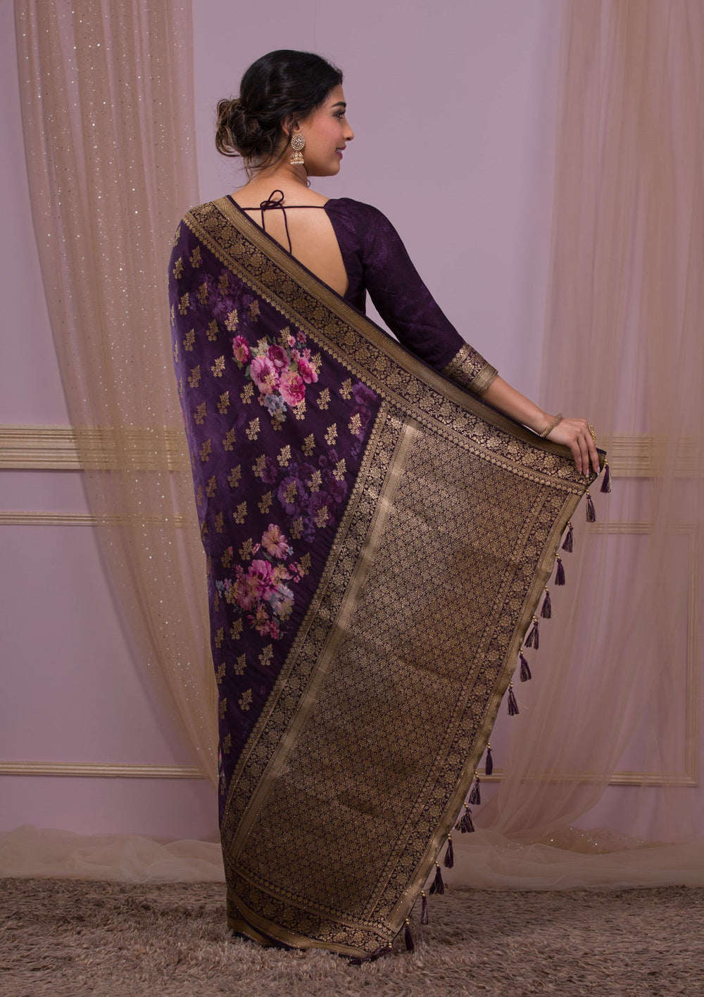 Rani Pink Zari Work Raw Silk Designer Saree-Koskii