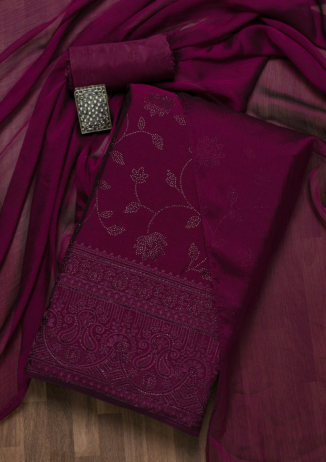 Wine Swarovski Chiffon Unstitched Salwar Suit-Koskii