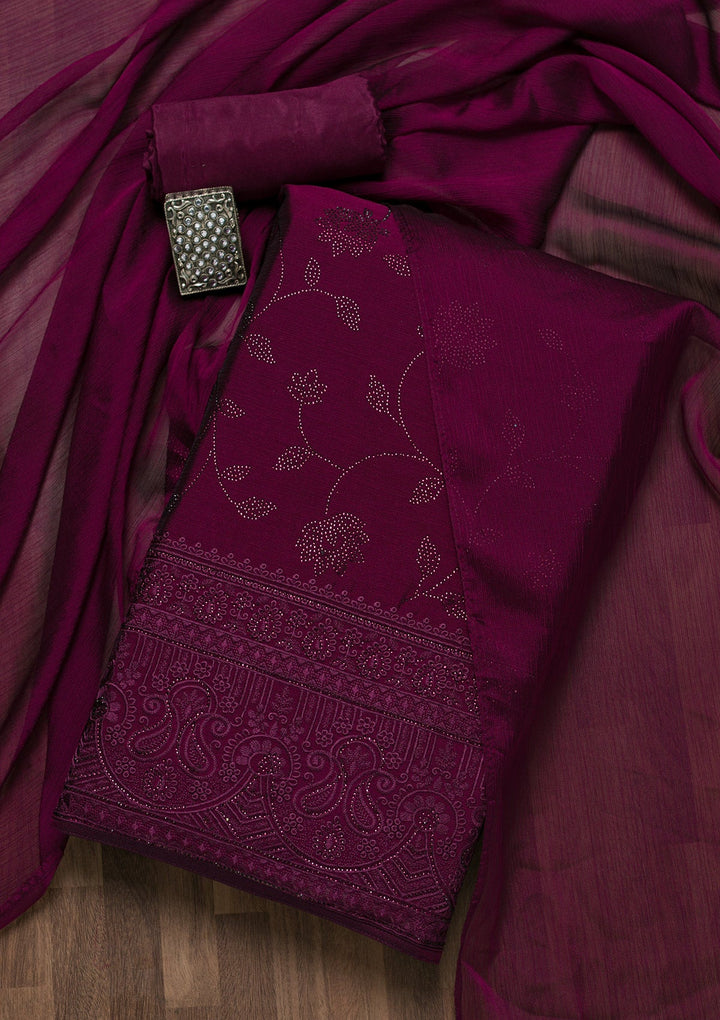 Wine Swarovski Chiffon Unstitched Salwar Suit-Koskii
