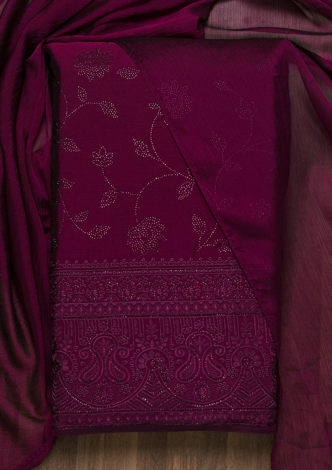 Wine Swarovski Chiffon Unstitched Salwar Suit-Koskii