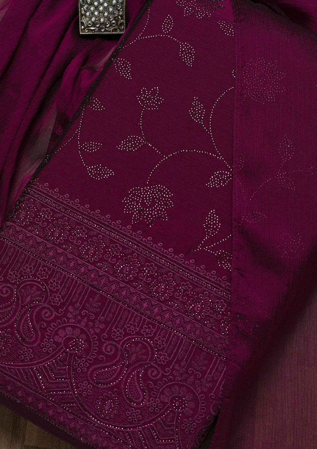 Wine Swarovski Chiffon Unstitched Salwar Suit-Koskii