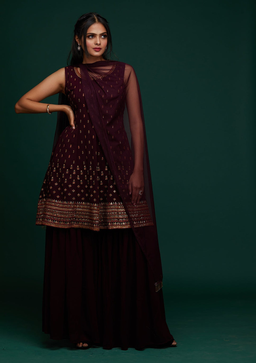 Wine Swarovski Georgette Designer Salwar Suit - Koskii
