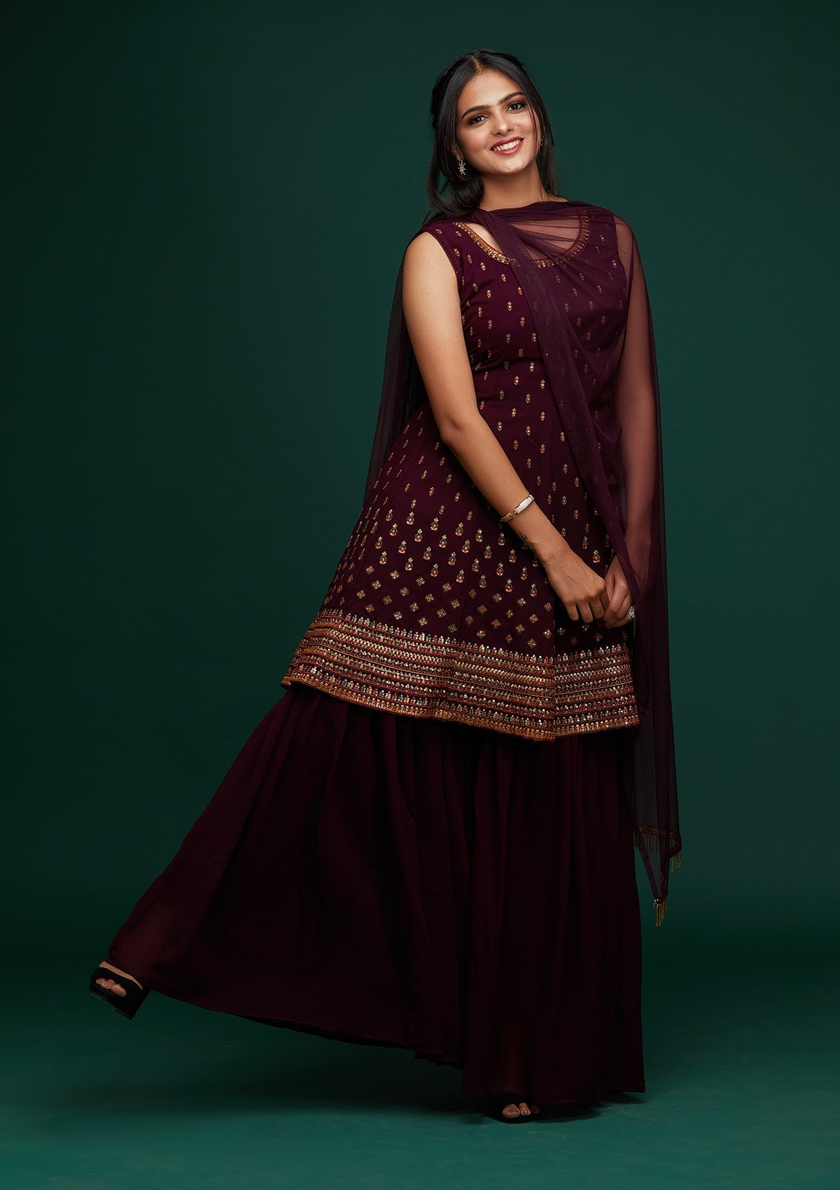 Wine Swarovski Georgette Designer Salwar Suit - Koskii