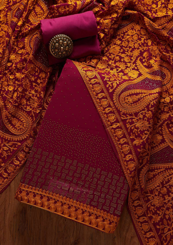 Wine Swarovski Georgette Designer Unstitched Salwar Suit - koskii